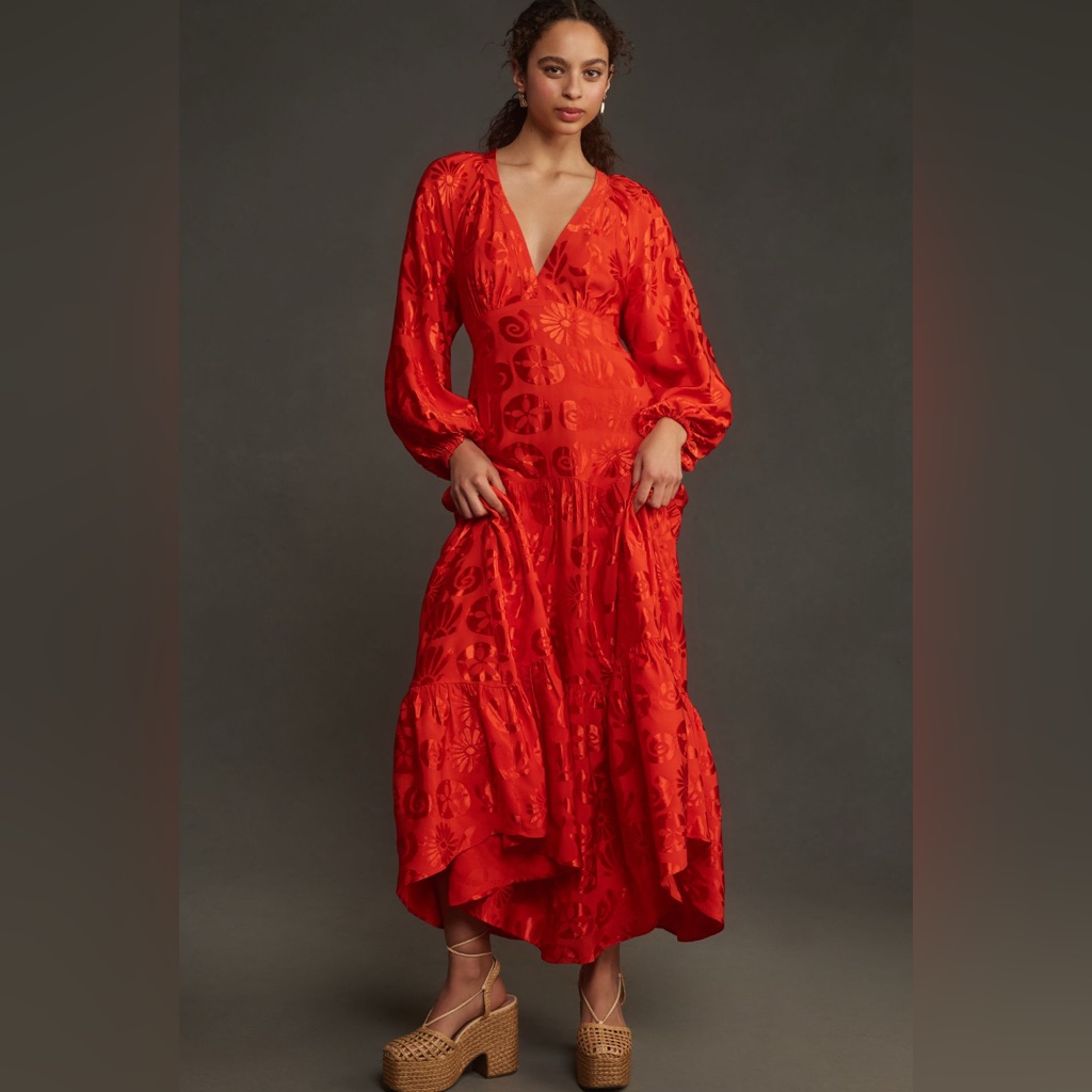Farm Rio Long-Sleeve V-Neck Jacquard Maxi Dress Size Xs